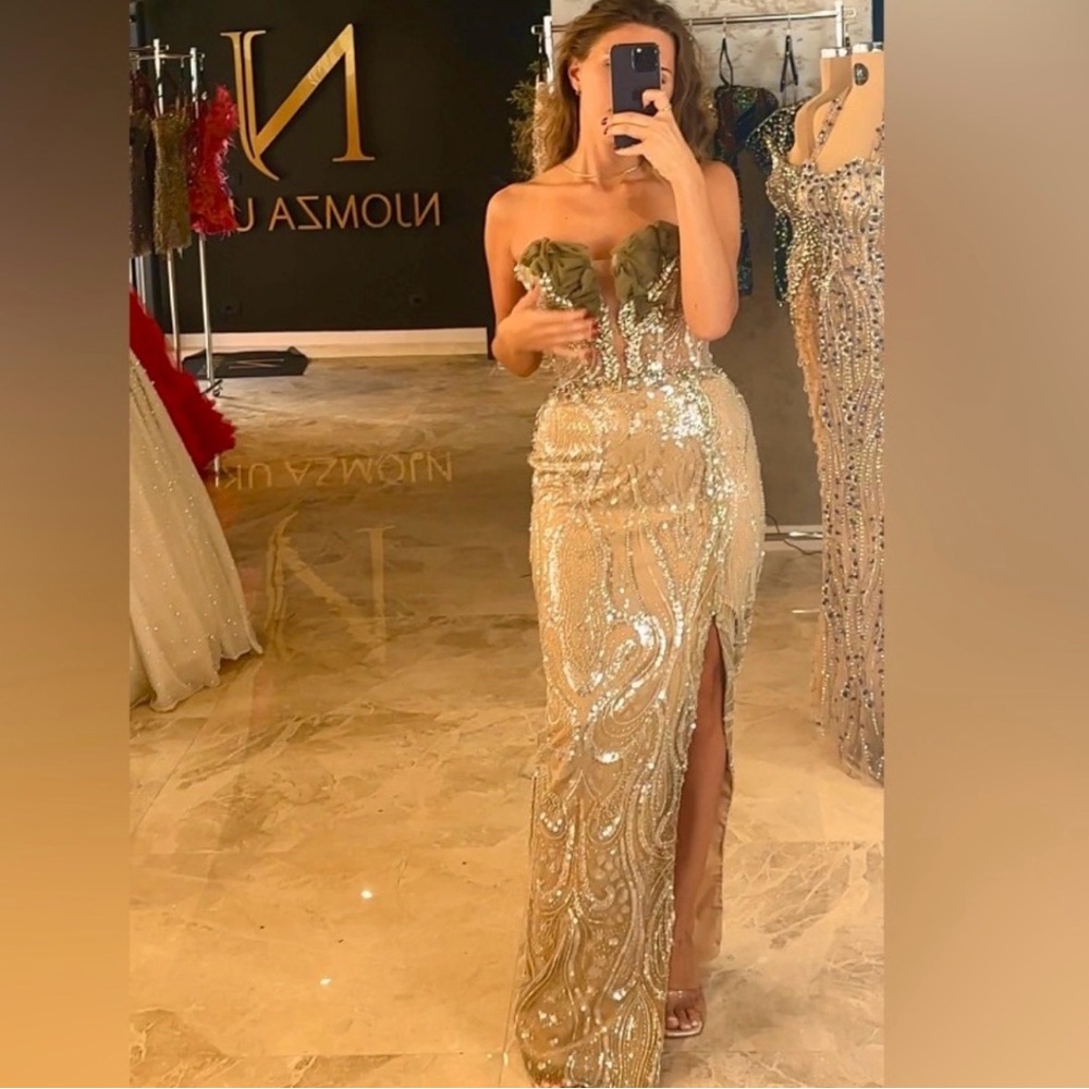 One-of-a-Kind Custom Handmade Luxury Gown - Sequin Crystal Chartreuse Gold - M
